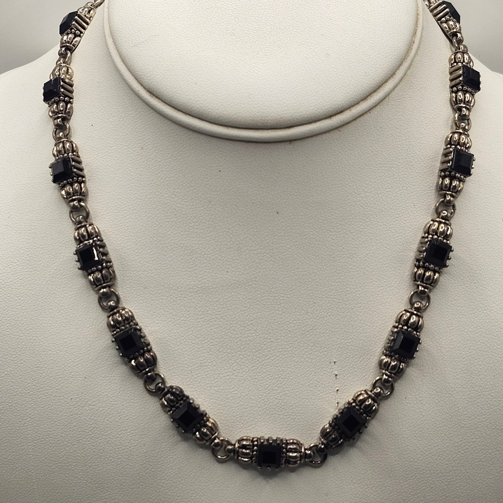 Vintage Silver Tone Black‎ Onyx Style Square Stone Beaded Link Necklace